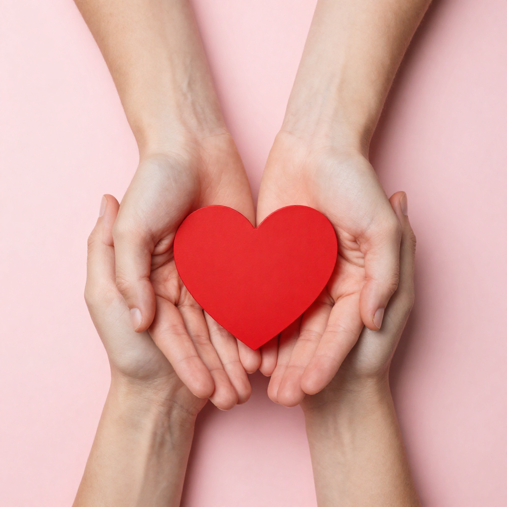 Two pairs of hands gently holding a paper heart.