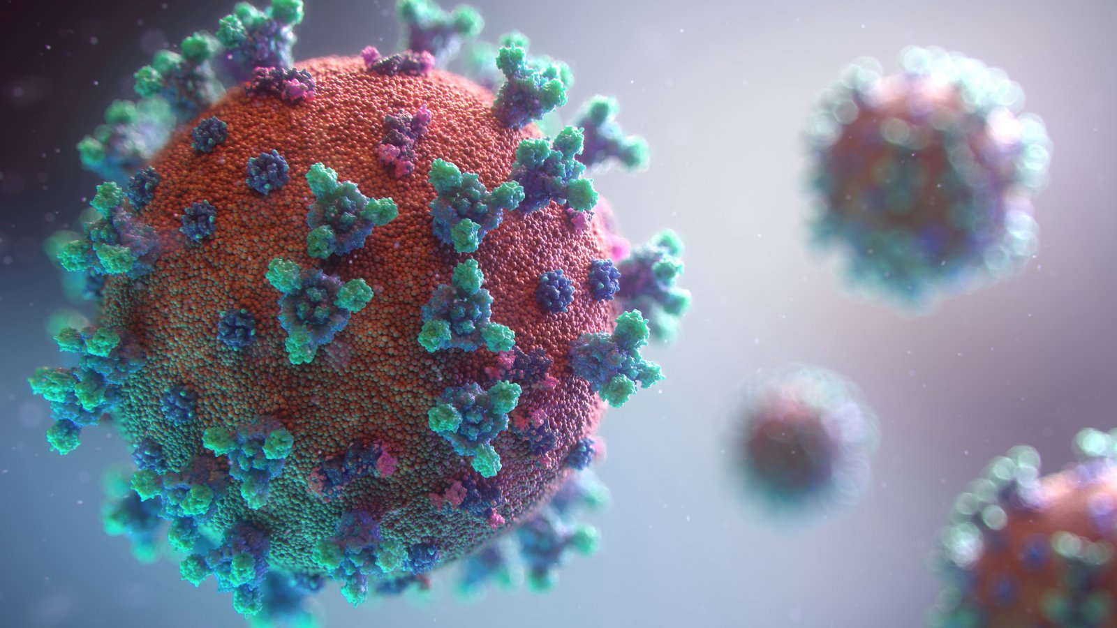 A 3D-rendered close-up of a virus particle.